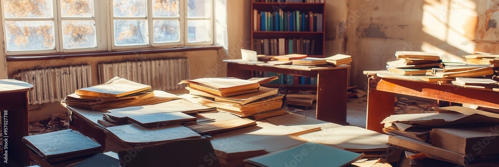 Poster students navigate crowded spaces filled with outdated books and materials, underscoring the obstacle