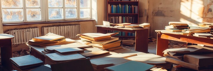 Fototapeta premium Students navigate crowded spaces filled with outdated books and materials, underscoring the obstacles to effective education. Generative AI