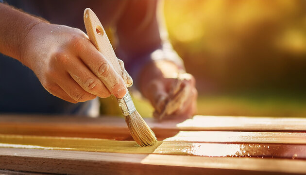 Close-up hand .Wood deck renovation treatment, the person applying protective wood stain with a brush, overhead view of ipe hardwood decking restoration process
