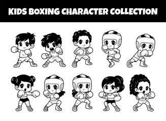Kids boxing character outline vector illustration set