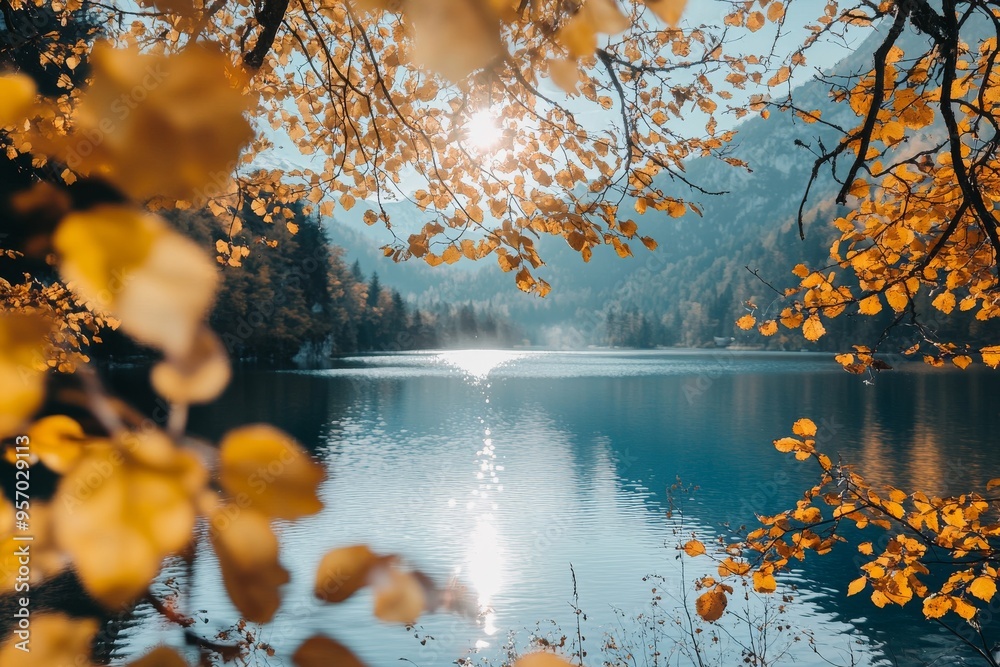 Wall mural hinterer langbathsee lake, austria, with autumnal trees along the shoreline.