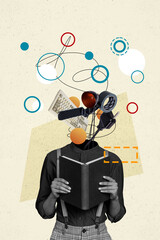 Collage sketch image of funny unusual weird freak silhouette hold read book isolated on drawing...