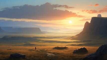 Cartoon illustration of steppes and mountains