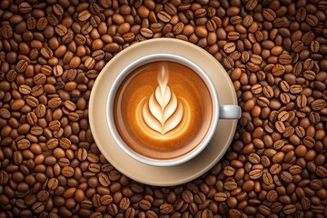 A cup of coffee with latte art in the shape of a leaf surrounded by coffee beans.