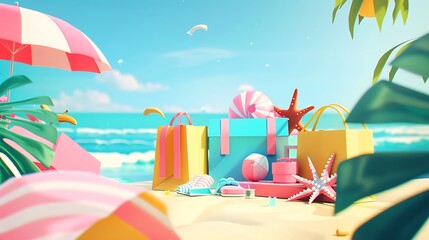 An energetic summer sale promotion featuring a beach backdrop, playful fonts, and vibrant colors, perfect for a seasonal shopping spree