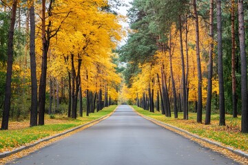 Fototapeta premium The autumn park is full of colorful trees and leaves as you walk through the footpath