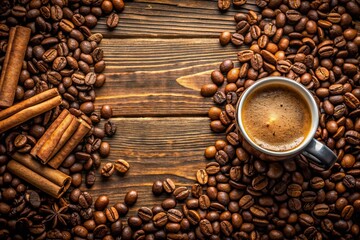 Coffee beans and cinnamon sticks surrounding a cup of coffee on a wooden background.