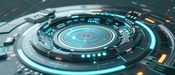 Close-up of high-tech circular interface with glowing neon elements, symbolizing advanced technology and innovation.