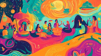 Playful doodle of Sharad Purnima rituals with vibrant colors and rituals under the moonlight
