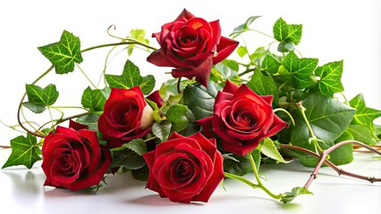 Obraz premium Elegant bouquet of red roses entwined with lush green ivy, delicate tendrils curling around stems, set against a soft, creamy white background.