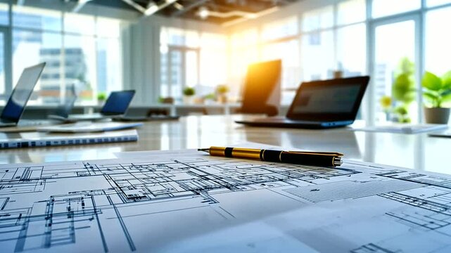 Detailed construction blueprints with annotations for sustainable building practices, reviewed by architects
