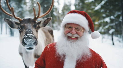 Santa Claus with one of his reindeers in the snowy forest, Christmas concept, copy space