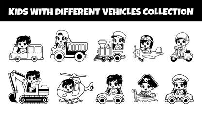 Kids character different vehicle outline vector illustration set