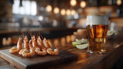 A rustic pub setting with wooden bar tops and 3D-rendered craft beer pints served with gourmet shrimp skewers