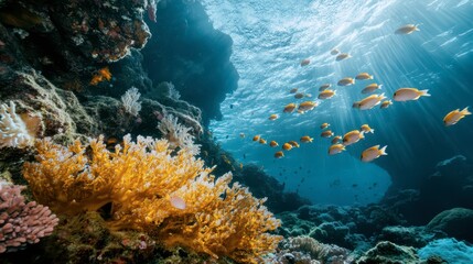 Obraz premium Colorful coral reef teeming with fish beneath illuminated waters