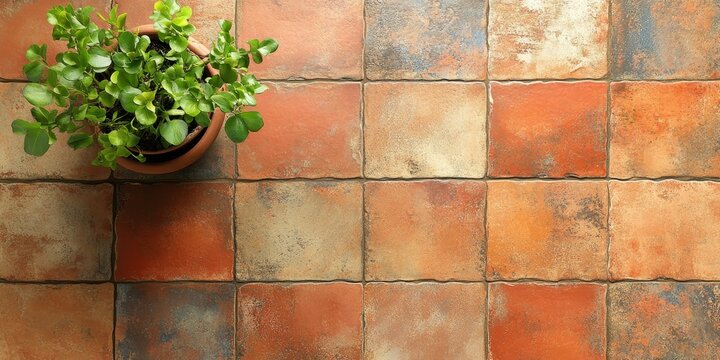A potted plant sits on terracotta tile floor.