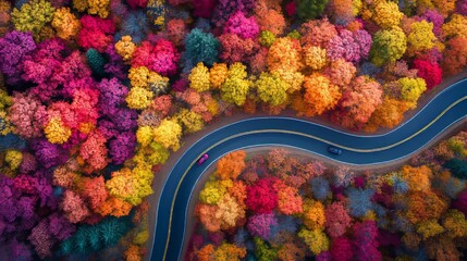 An aerial view of a forest road in beautiful autumn at sunset. The road is curvy in the mountains with truck traffic and a nice view of the mountains.