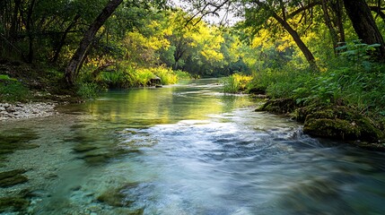 Obraz premium A tranquil river flows through a lush forest, sunlight reflecting off the water's surface, creating a peaceful and serene atmosphere.