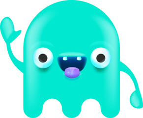 Obraz premium Funny very cute smiling cyan ghost monster isolated on white background. Comic Funky blue Ghost cartoon character and cute emoji. Halloween spirit element.