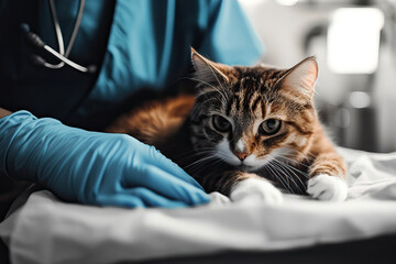 Veterinarian examines cat in veterinary clinic