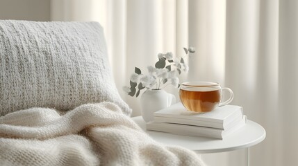 Inviting Staycation Display   Fluffy Throws Books and Fragrant Tea on Crisp White Surface