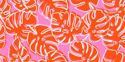 Monstera leaves seamless pattern, hand drawn tropical style, spring and Summer time, natural ornaments for textile, fabric, wallpaper, cover, banner, home decor, background. © Udomdech