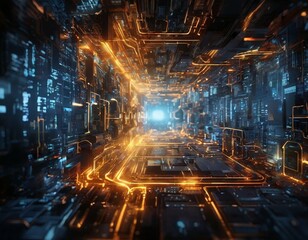 futuristic city with glowing lights and tunnel