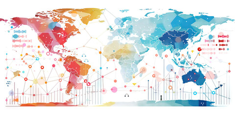 Fototapeta premium A map of the world with key economic indicators marked by color-coded dots, demonstrating the global reach of a multinational corporation.