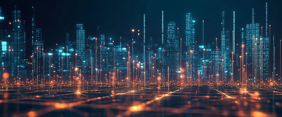 Futuristic cityscape with glowing lines and data points, representing digital innovation in urban design. Skyline view at night, with vibrant colors in a wide-angle shot.