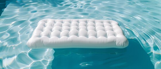 A white inflatable mattress is seen floating on clear blue pool water, symbolizing a peaceful and leisurely summer experience.