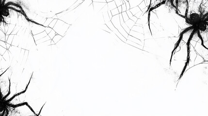 Obraz premium Spiders web on white background. Black and white halloween banner. 