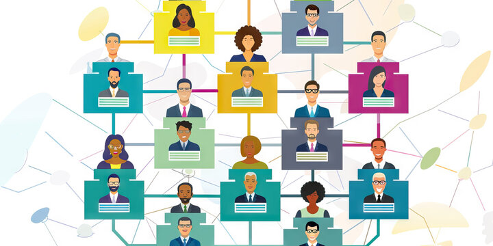 A color-coded organizational chart showing the hierarchy of a large corporation, with each executive's box a distinct color.