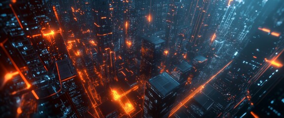 Obraz premium Futuristic cityscape with glowing lines and data points, representing digital innovation in urban design. Skyline view at night, with vibrant colors in a wide-angle shot.