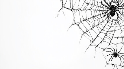Spiders web on white background. Black and white halloween banner. 
