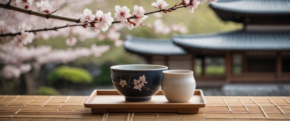 Japanese Sake Cup with Cherry Blossoms and Tea House Background