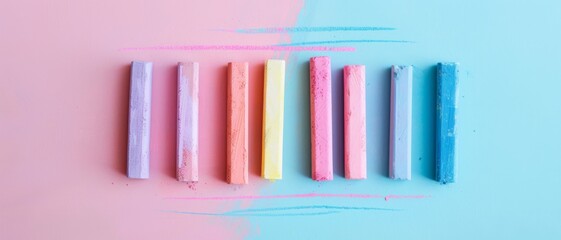 Fototapeta premium Pastel chalks meticulously arranged on a split background of blue and pink, symbolizing creativity, art, and educational endeavors.