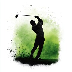 A dynamic silhouette of a golfer in action with a vibrant green splash background, capturing the essence of the sport.
