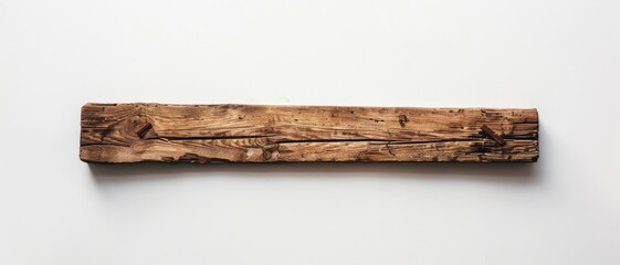 Fototapeta premium A weathered wooden plank rests on a stark white background, highlighting its rugged texture and natural grain.