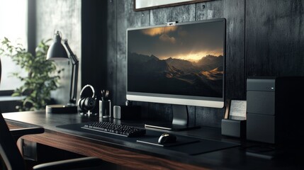 Elegant office design featuring a high-end computer on a dark desk, with warm, soft lighting.