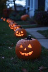 Fototapeta premium Carved pumpkins on grass
