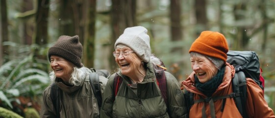 Fototapeta premium Three elderly women share hearty laughs in a lush forest, bundled in cozy clothing, embodying joy and camaraderie.