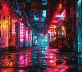 Obraz premium dark alley with neon lights and plants