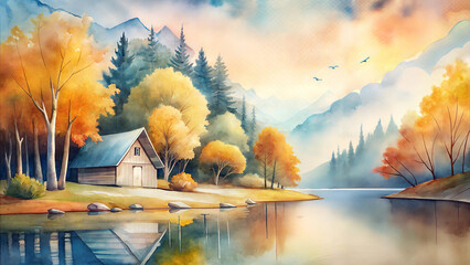 Cozy Fisherman's Cottage by the Riverbank in Autumn Forest, Tranquil Background