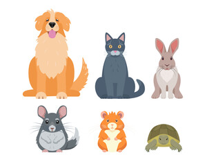 Set of pet animals. Dog, cat, rabbit, chinchilla, hamster and turtle. Home domestic animals. Vector icons illustration isolated on white background.
