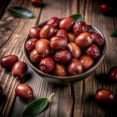Obraz premium A bowl overflowing with fresh. vibrant jujubes. displayed on a rustic wooden surface.