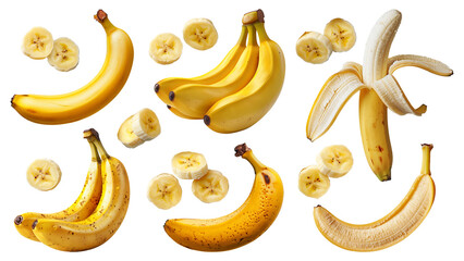 Banana set. Half, whole and peeled banana, bunch of bananas and chopped slices of banana isolated on white background. Cut out realistic bananas
