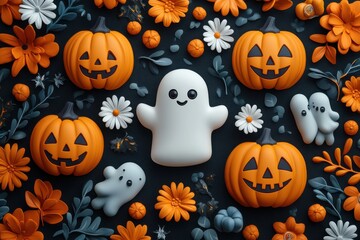 3D clay design of Halloween decorations with pumpkins and ghosts on a dark gray background with orange floral patterns and white flowers.