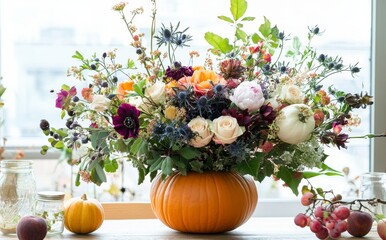 Thanksgiving day or Halloween decoration concept. Autumn bouquet of flowers and berries in a pumpkin, different fruits and drinks on wooden white table.