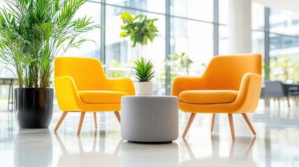Fototapeta premium 10 A vibrant photo of a business negotiation in a modern office lounge, with relaxed seating, coffee, and a collaborative atmosphere that fosters open communication,