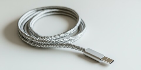 Naklejka premium Silver braided USB cable on white background.